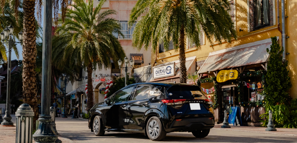 Driving an Okinawa rental car along a tropical coastal road for a honeymoon trip