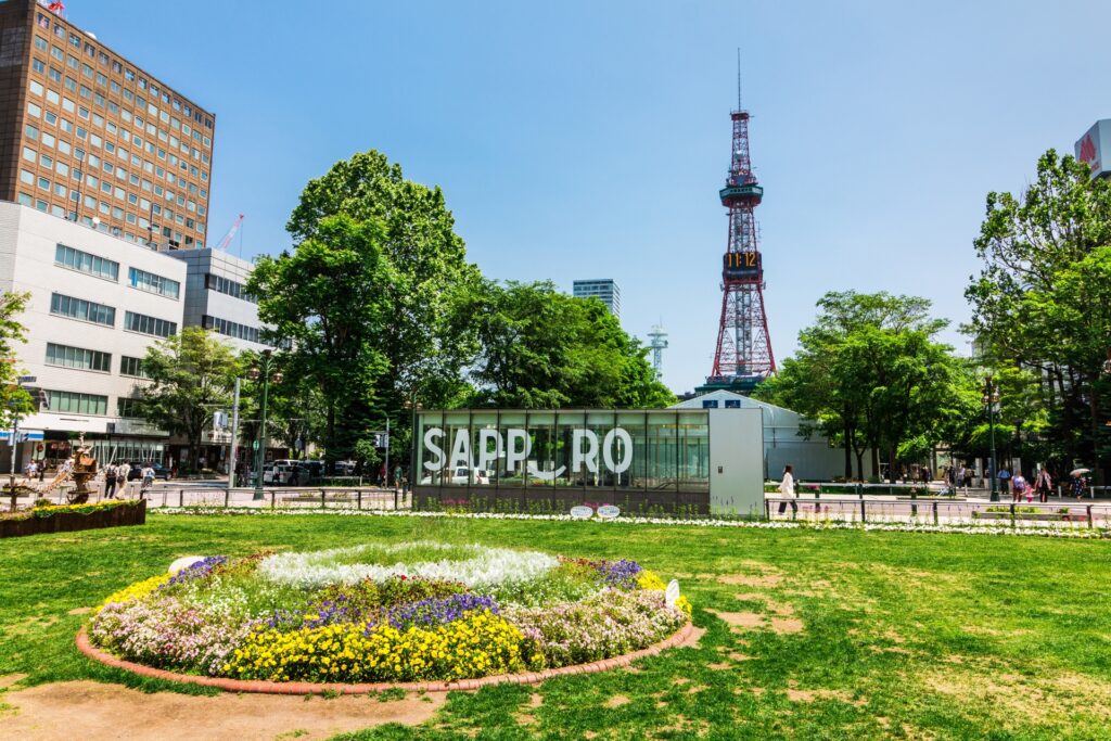 Aerial view of central Sapporo with Odori Park and the surrounding cityscape
