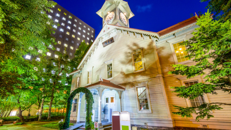 Sapporo Beer Garden illuminated red-brick building at night