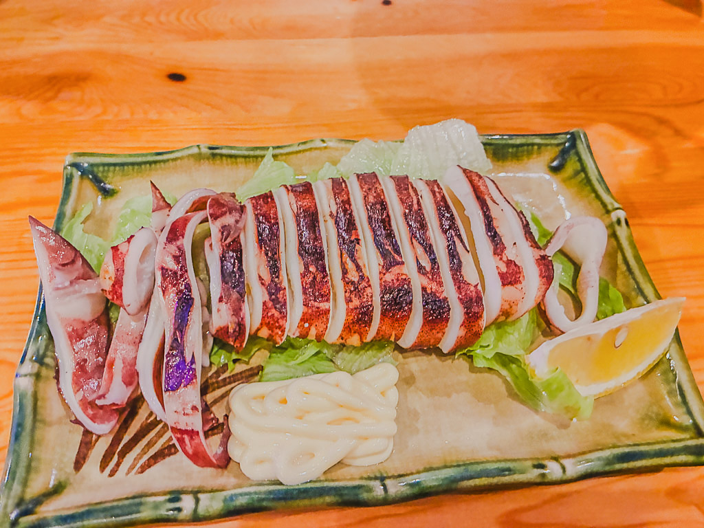 Whole grilled squid (ika sugata-yaki) at Yakitori Yasuki in Naha