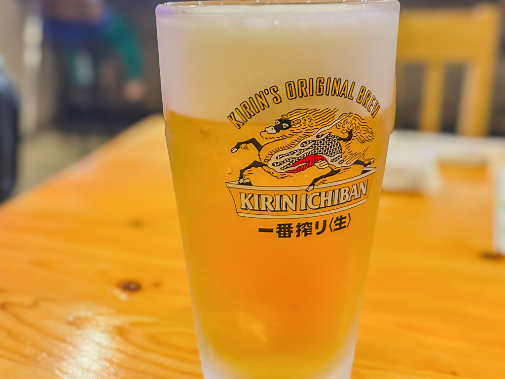 A frosty glass of Kirin Ichiban draft beer at Yakitori Yasuki in Naha