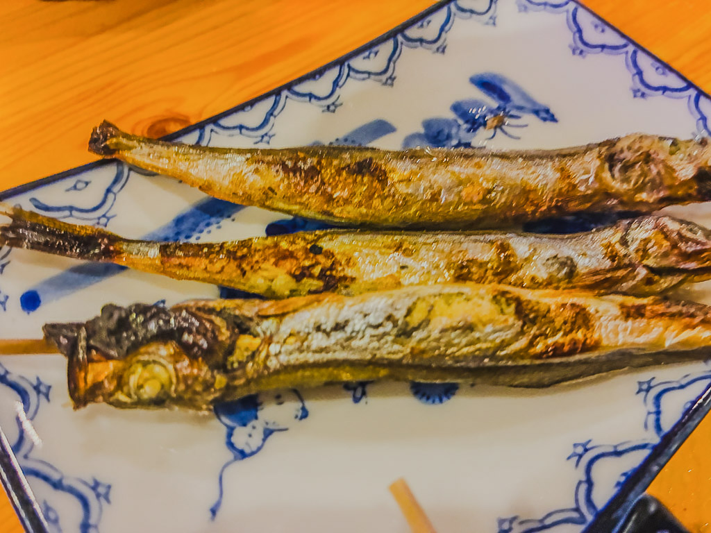 Grilled shishamo — Japanese smelt at Yakitori Yasuki in Naha