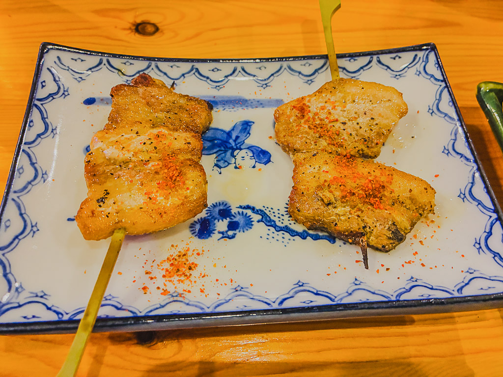 Yakiton — grilled pork skewers with shichimi at Yasuki in Naha