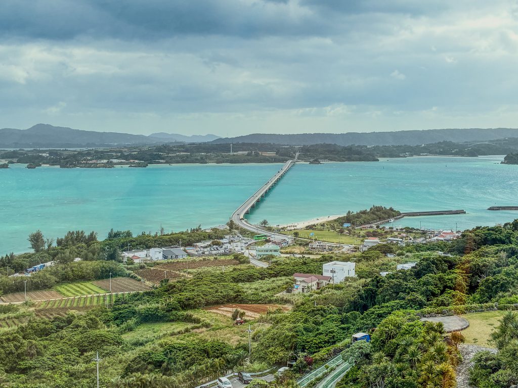Close-up view of Kouri Bridge from the observation tower — northern Okinawa photo spot