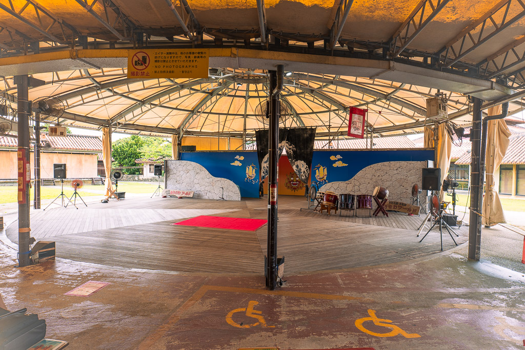 Super Eisa show stage — tent-roof outdoor stage with large Ryukyu drums