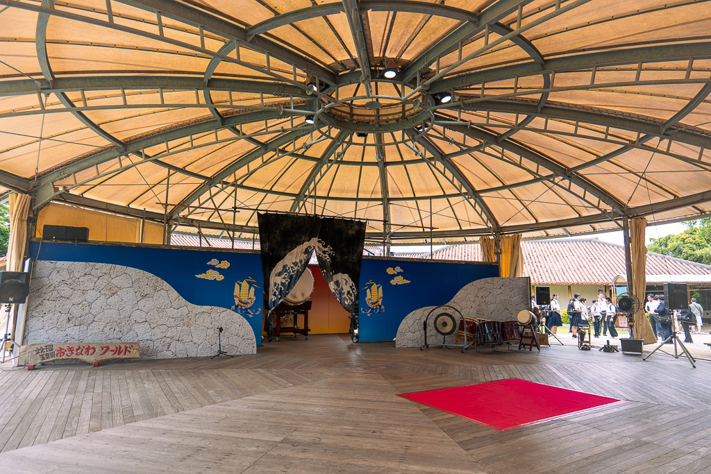 Wide view of Super Eisa stage — circular tent dome and traditional Ryukyu drums