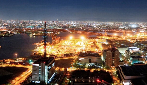 Sakishima Cosmo Tower lit up at night