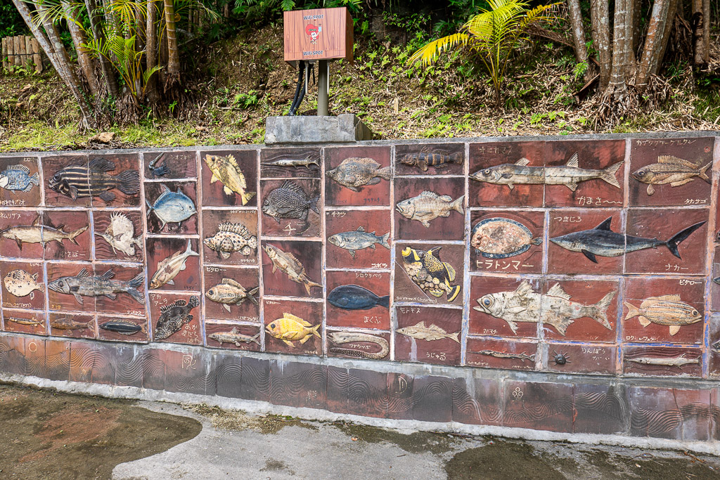 Ryukyu sea fish mural — dozens of Okinawan reef fish illustrations painted on red brick wall
