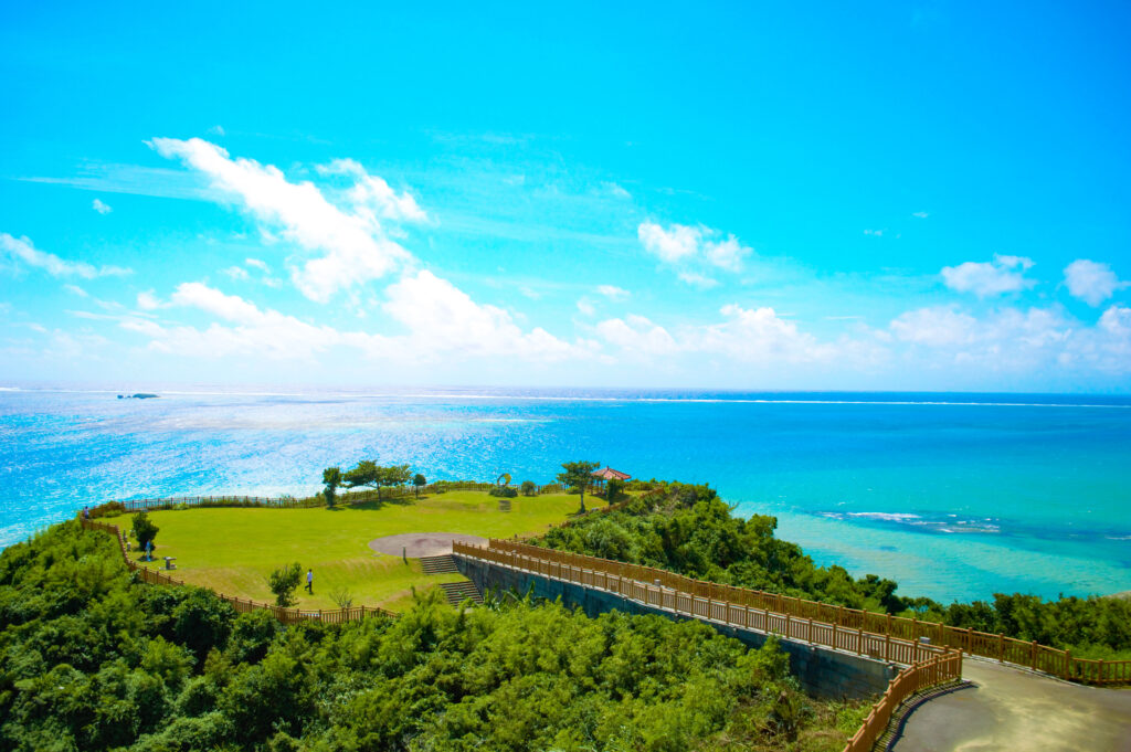 Cape Chinen — sweeping Pacific view with Kudaka Island and Komaka Island