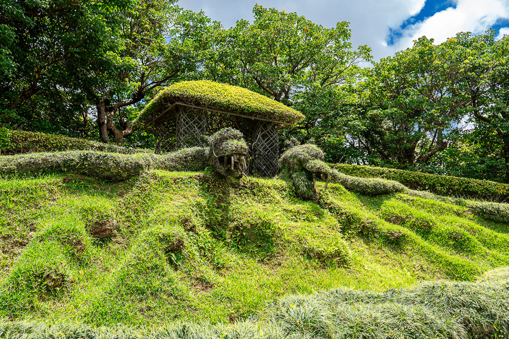 Giant grass dragon sculpture at Bios no Oka — a forest dragon woven from moss and living plants, framed by drifting mist