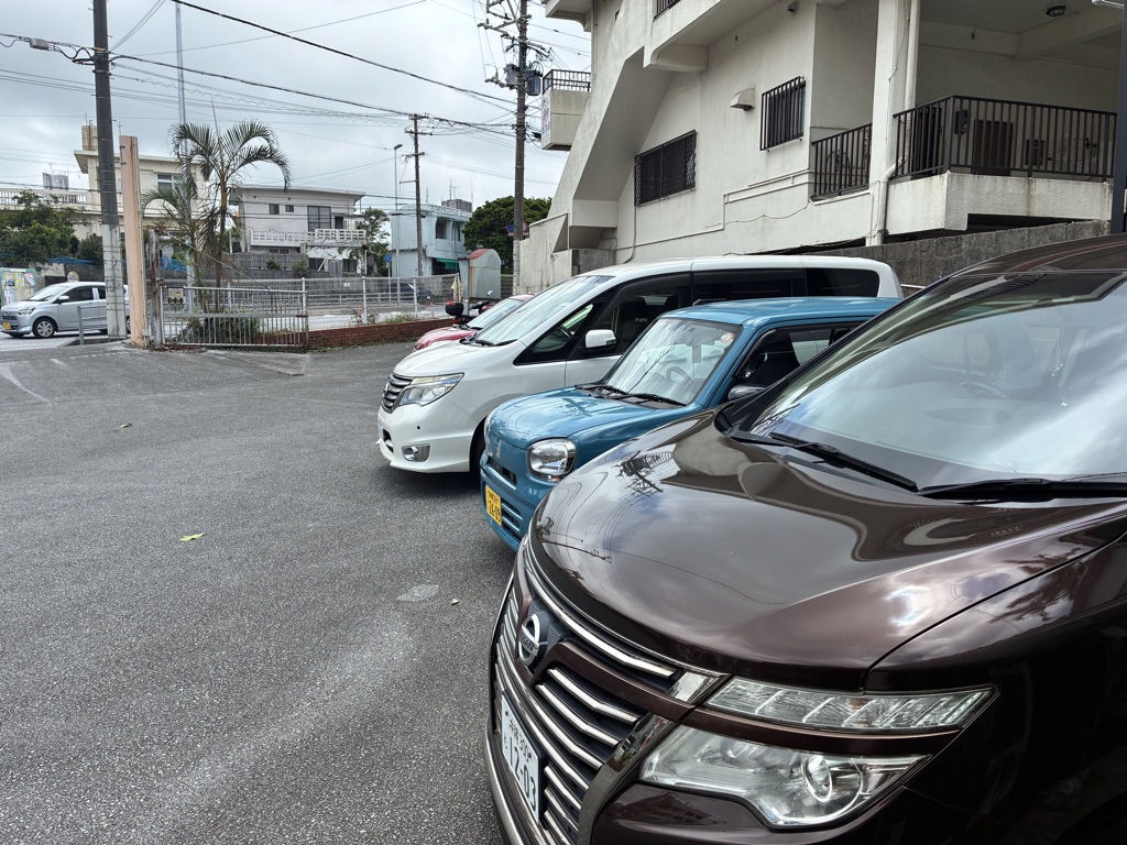 Row of Japanese rental cars parked at an Okinawa pickup lot
