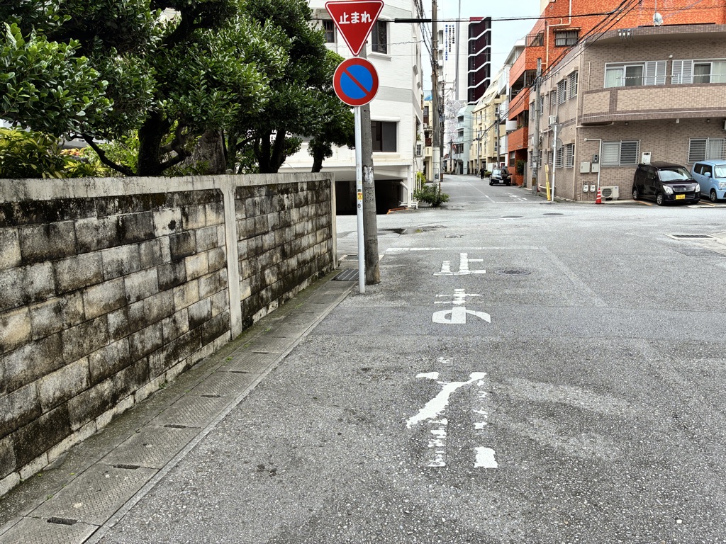 Japan rental car precaution — tomare stop sign painted on an Okinawa residential street