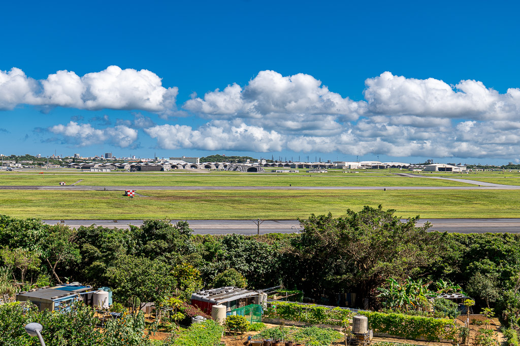 View of the Kadena Air Base hangar line from the Michi-no-Eki Kadena deck