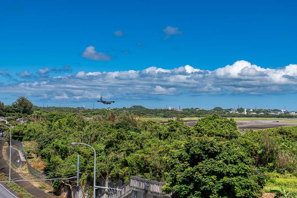 C-130 transport aircraft on approach to Kadena Air Base