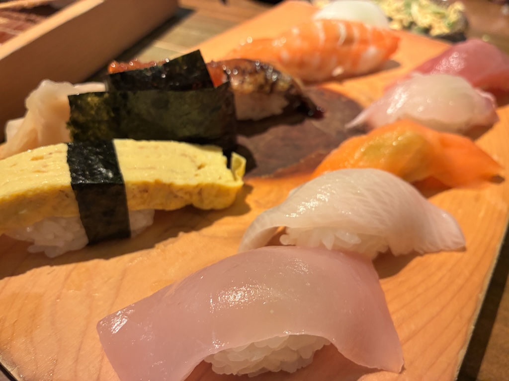 Assorted nigiri sushi at Umi no Chinbora — tuna, shrimp, anago, sea bream, tamago