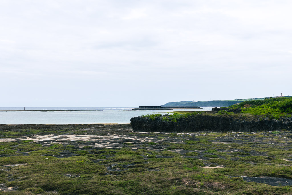Coral-reef sea around Ojima — rocks exposed at low tide with main island coast in the distance