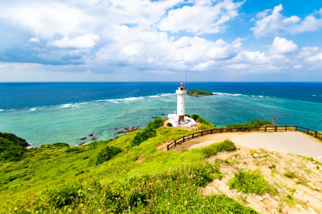Hirakubo Cape lighthouse with black wagyu pasture