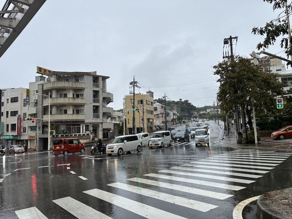 Rain-soaked Naha city street with wet pedestrian crossing and cars during an Okinawa typhoon — why preparation and indoor backup plans matter