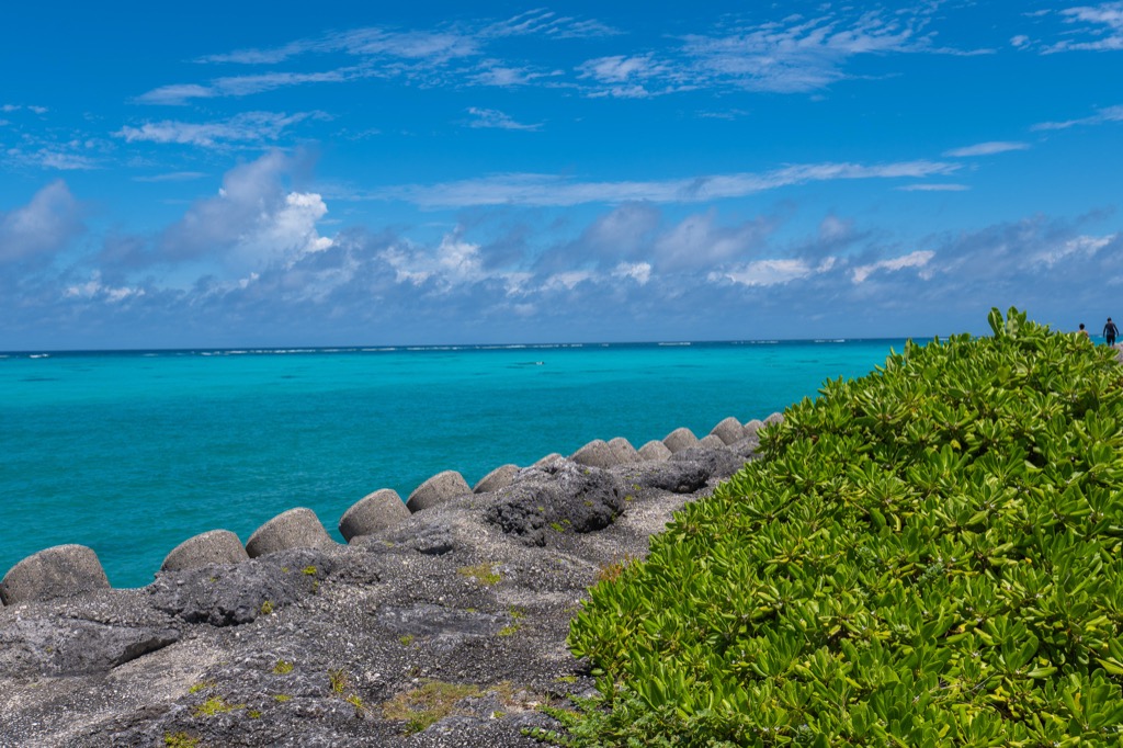 Tetrapod seawall and bright turquoise sea looking south from 17END Shimojishima