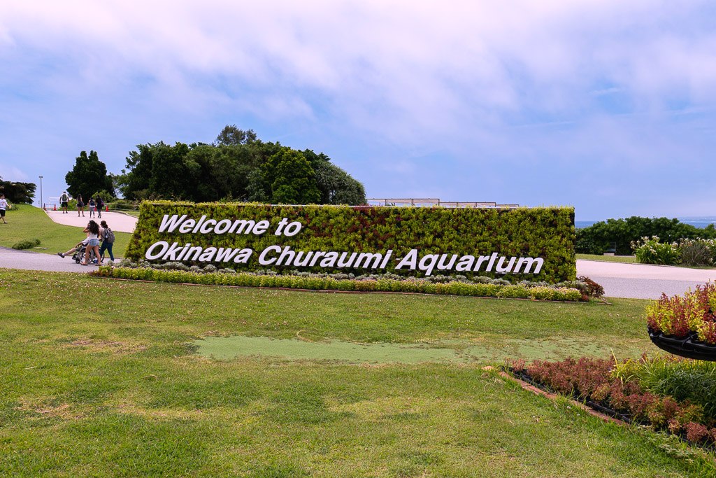 Welcome to Okinawa Churaumi Aquarium green hedge sign at the entrance of Ocean Expo Park