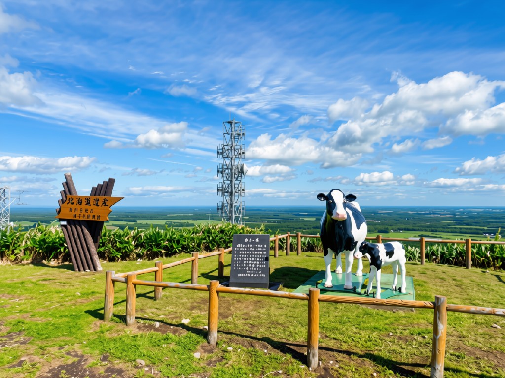 Hokkaido weather in July at Kaiyodai Observatory, Nakashibetsu — 330° panorama of dairy pastures with a life-size cow sculpture
