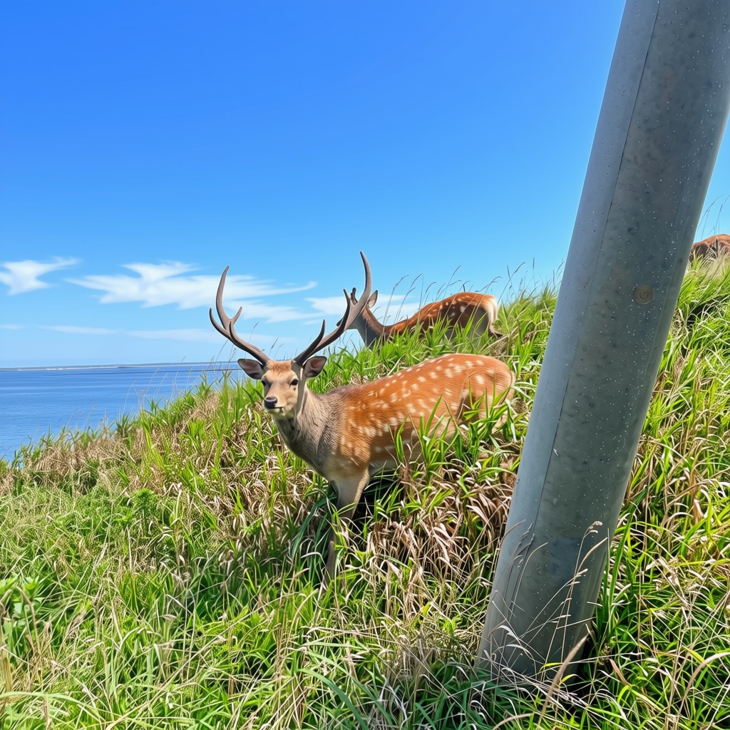 Wild sika deer grazing on Notsuke Peninsula in July — Ramsar wetland with view of the Sea of Okhotsk