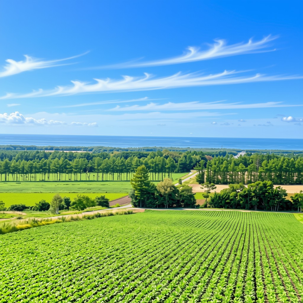 Hokkaido weather in July over Shari-chō farmland — golden wheat fields with distant Shiretoko mountains