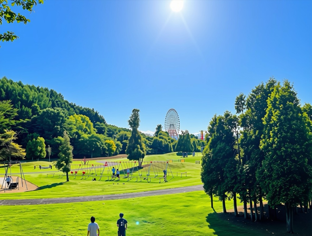 Iwamizawa Park in July — playpark ferris wheel and lawns under a cool afternoon sky