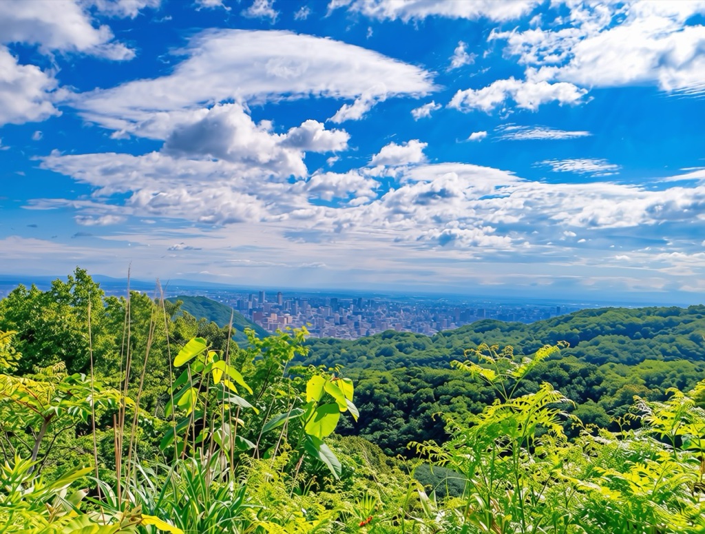 Hokkaido June weather at Horomitoge Lavender Farm overlooking Sapporo — a hillside covered in lavender rows above the city