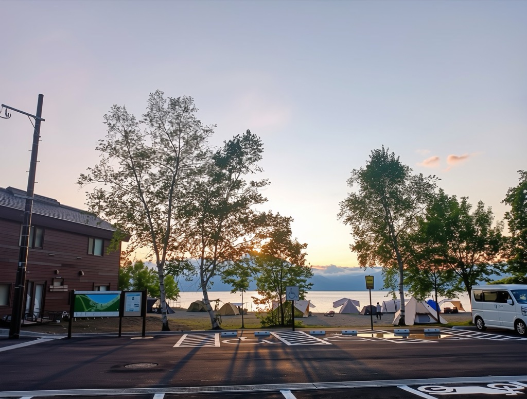Morappu Campground — tents set up along the shore of Lake Shikotsu on a June morning