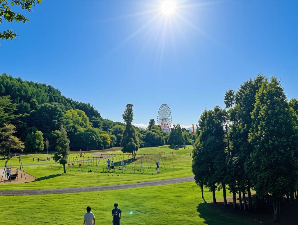 Iwamizawa Park near Sapporo showing mild Hokkaido September weather, clear sky, ferris wheel, and green lawns