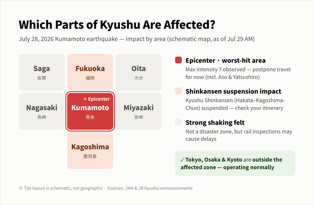 Kyushu impact map — regional overview of the July 28 2026 Kumamoto earthquake