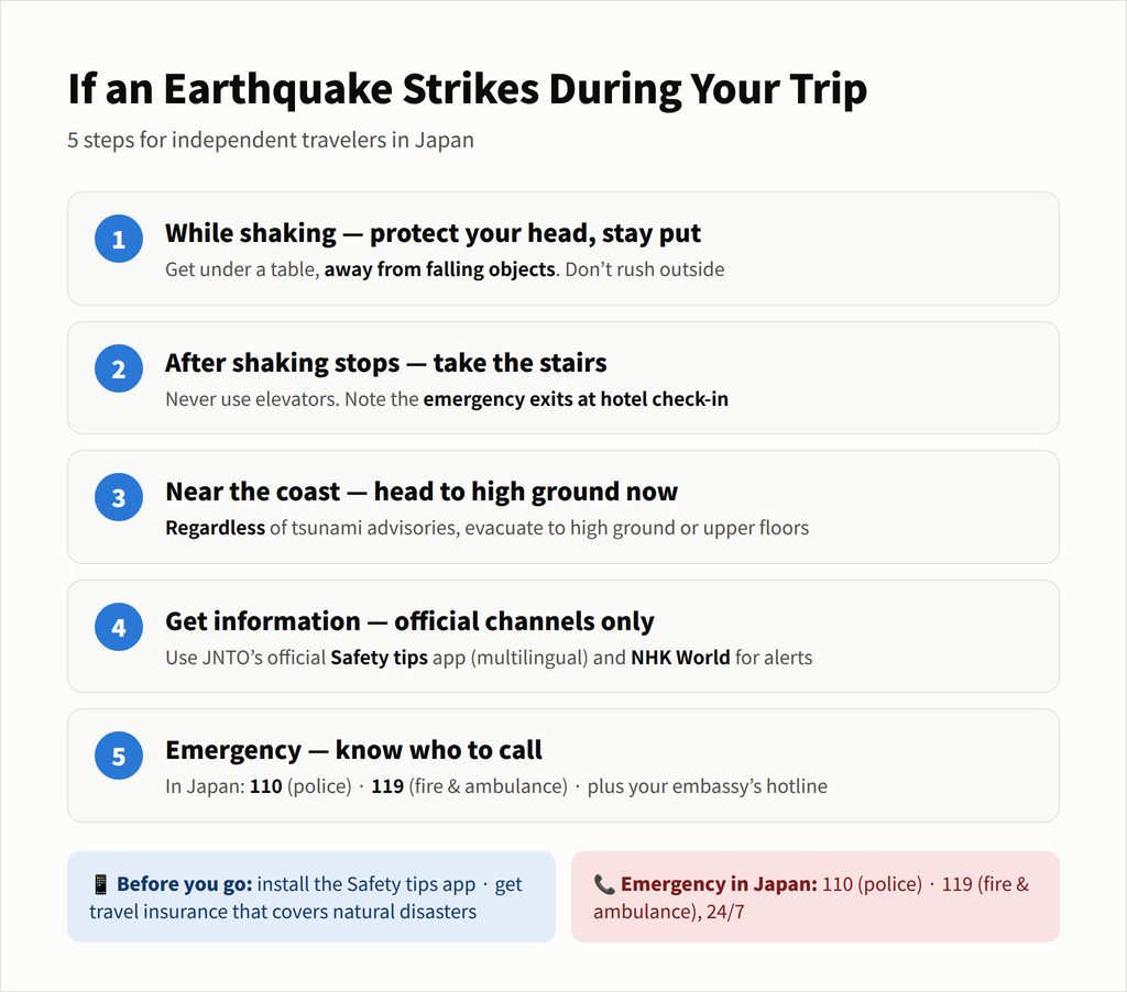 Earthquake response 5-step infographic for international travelers in Japan — protect head, use stairs, evacuate to high ground, verify official info, emergency contacts