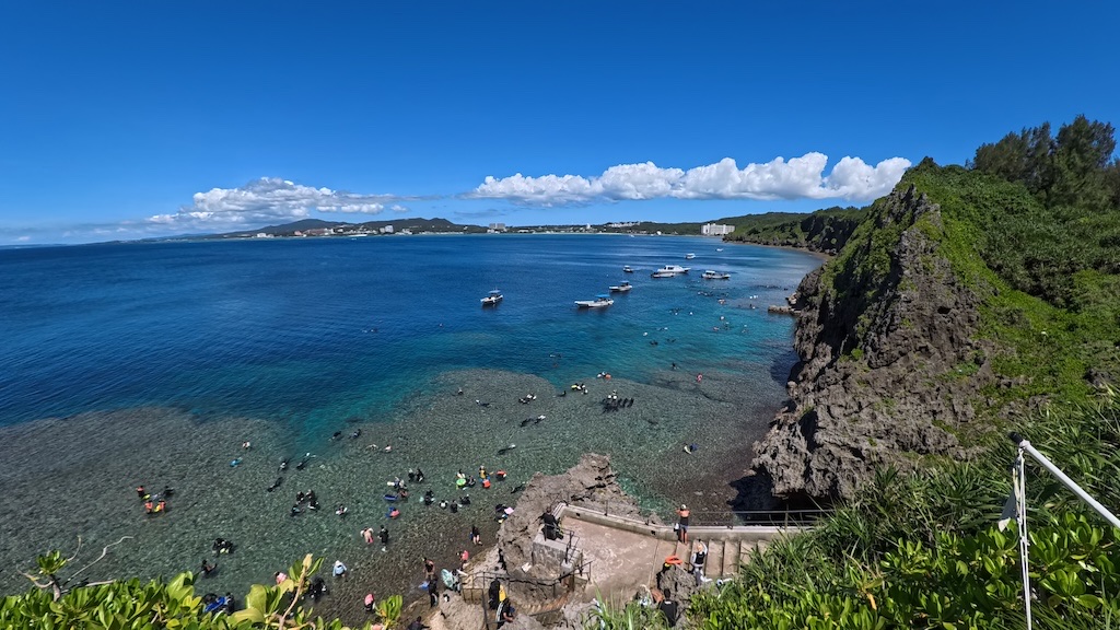 Sunny Okinawa summer morning water at Cape Maeda Blue Cave entrance