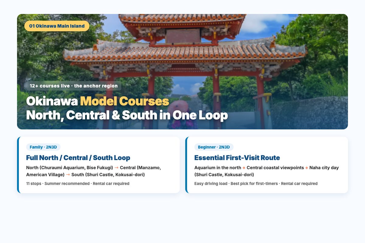Okinawa Shuri Castle and representative course guidance — north/central/south full loop and family-friendly routing