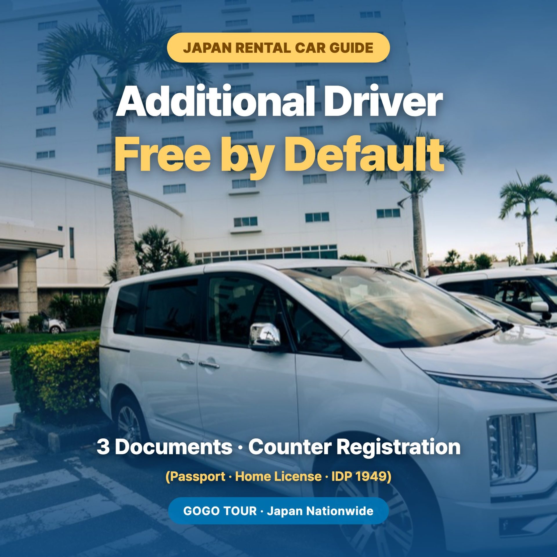 Additional driver in Japan rental cars — free by default, 3 documents and counter registration required