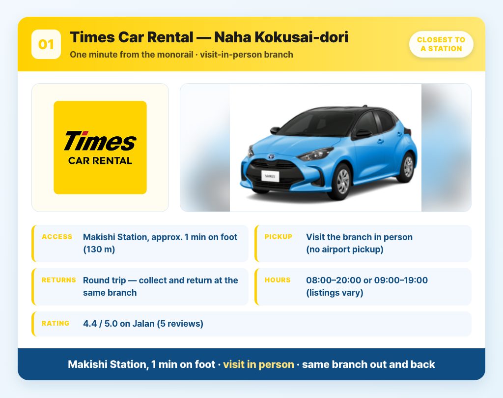 Times Car Rental Naha Kokusai-dori — one minute from Makishi Station, visit in person, round-trip returns