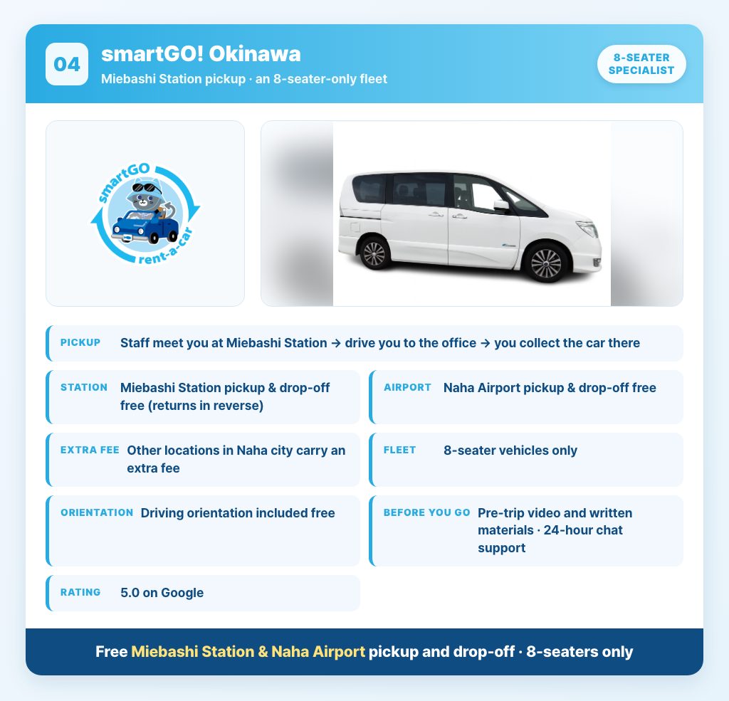 smartGO! Okinawa — free Miebashi Station and Naha Airport pickup and drop-off, 8-seater fleet only