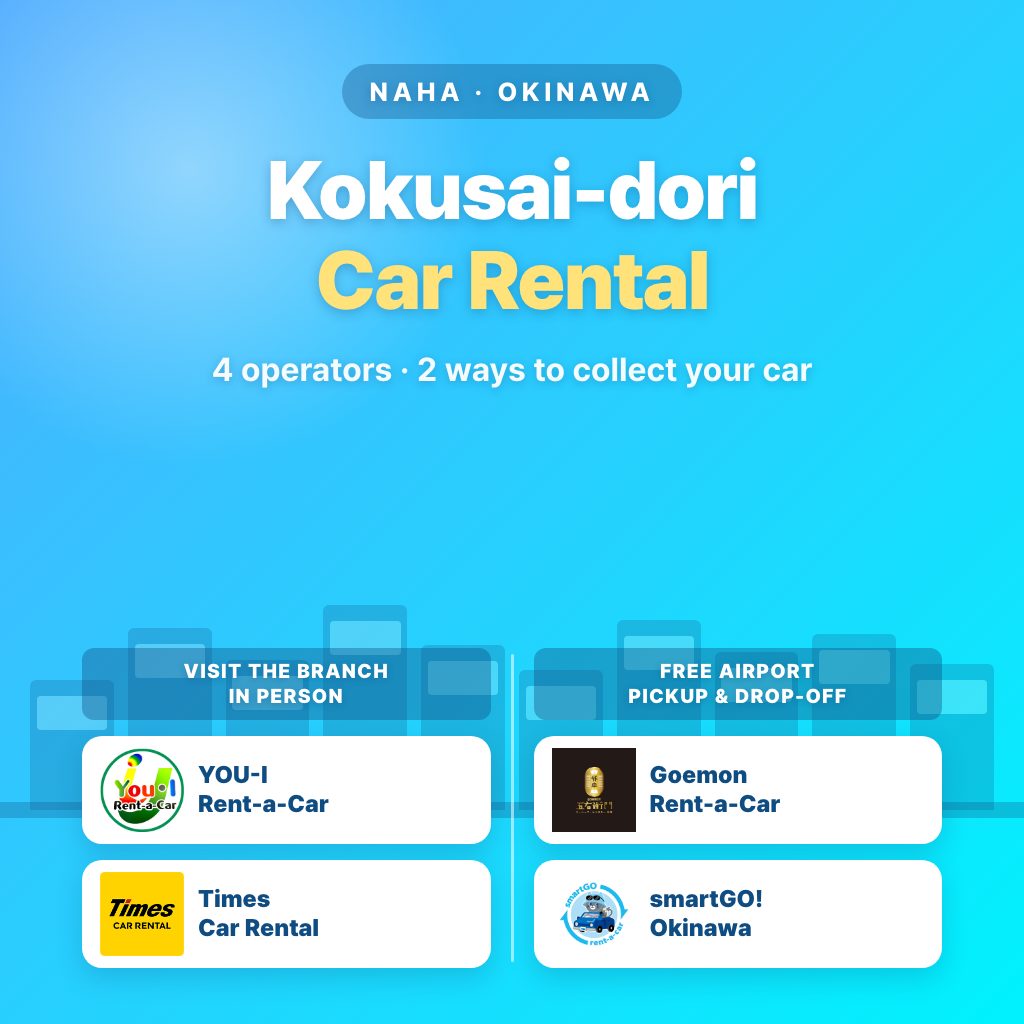 Kokusai-dori car rental — four Naha operators, two ways to collect the car
