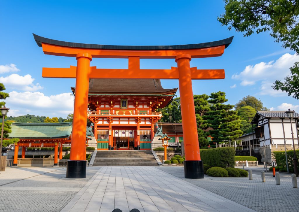Fushimi Inari Taisha main gate with vermilion Otorii and Romon gate in the background under a blue sky Kyoto