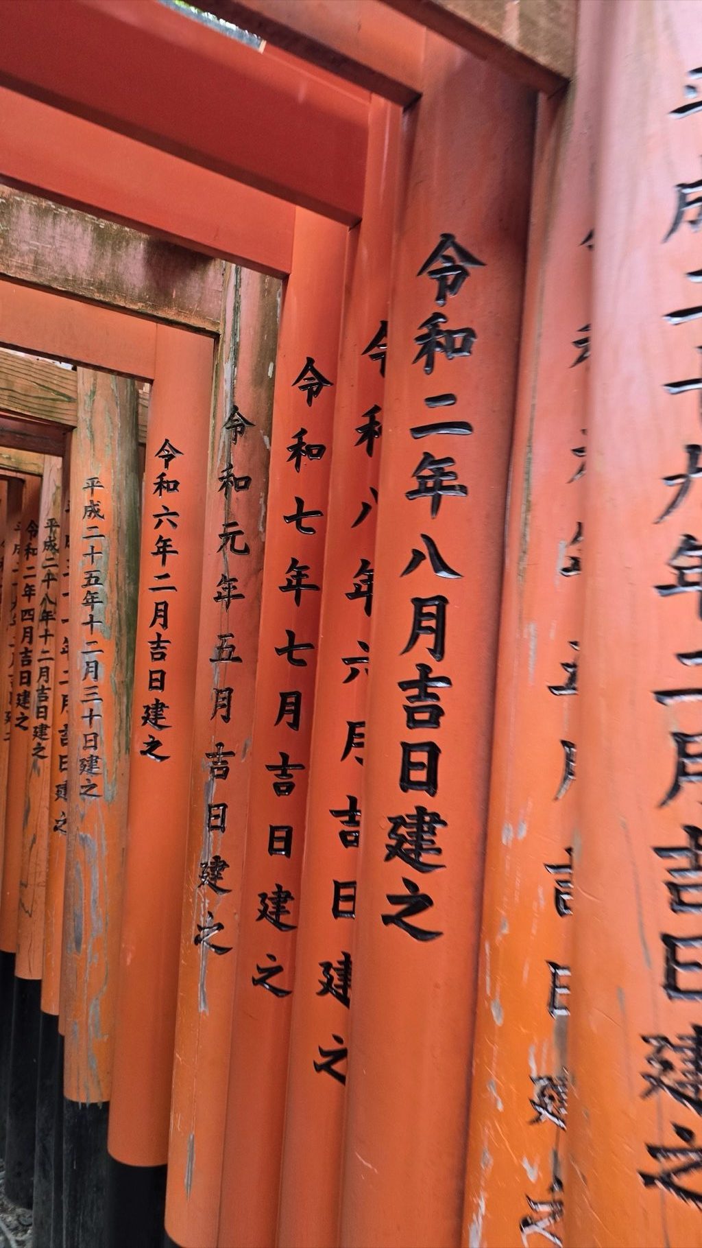 Reverse side of Fushimi Inari vermilion torii showing black kanji inscriptions of donor names and dedication dates