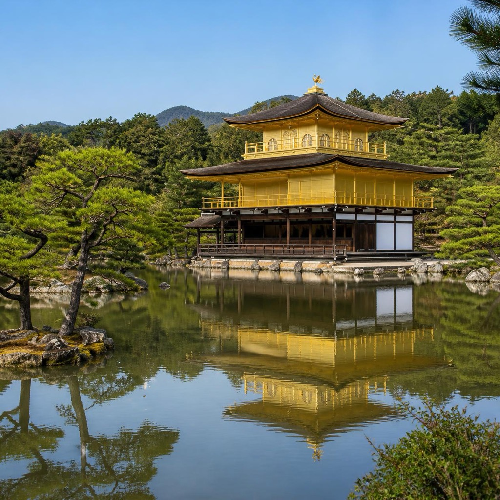 Kinkaku-ji Golden Pavilion front view with perfect reflection on Mirror Pond and pine tree island in foreground Kyoto