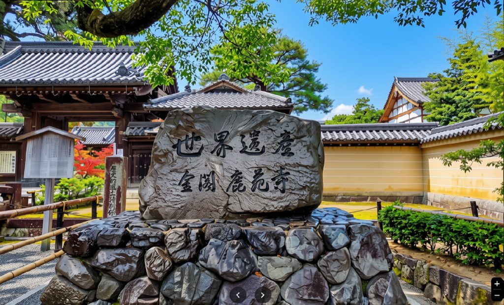 Stone monument reading World Heritage Kinkaku Rokuon-ji at the temple's main entrance Kyoto