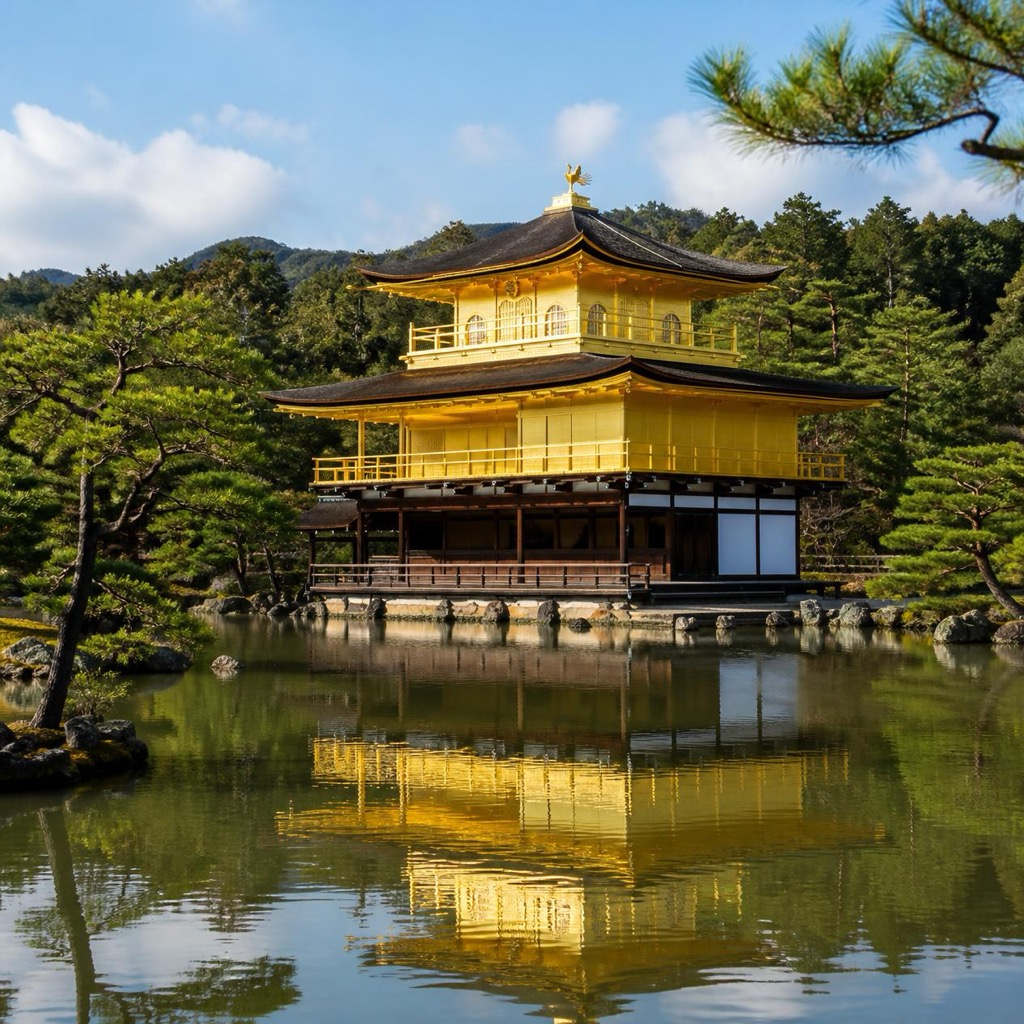 Close-up frontal view of Kinkaku-ji Golden Pavilion with detailed gold leaf and dark black lacquered lower section reflecting on the pond