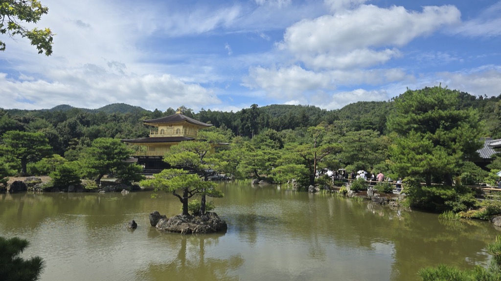 Kinkaku-ji Golden Pavilion viewed vertically from garden path with bamboo fence and lush pine trees Kyoto summer