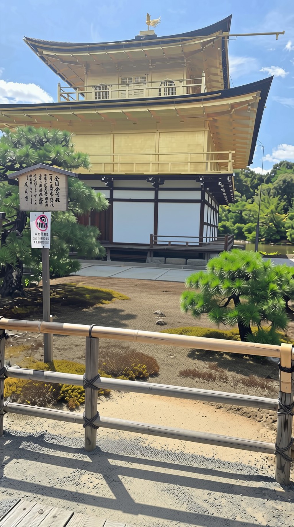 Vertical close-up of Kinkaku-ji Golden Pavilion showing informational signage and pine tree branches in the foreground Kyoto