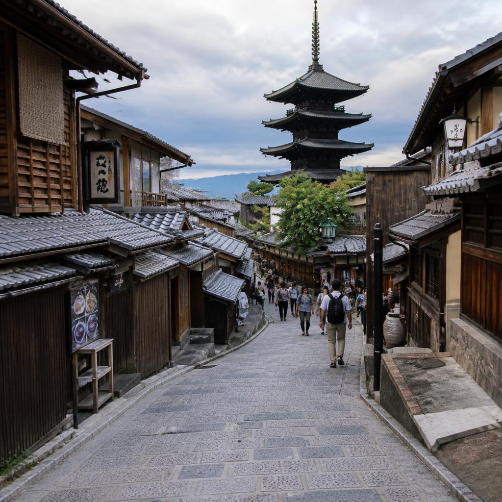 View of Yasaka Pagoda (Hokan-ji five-story pagoda) framed by stone steps and machiya rooflines from Sannenzaka Kyoto