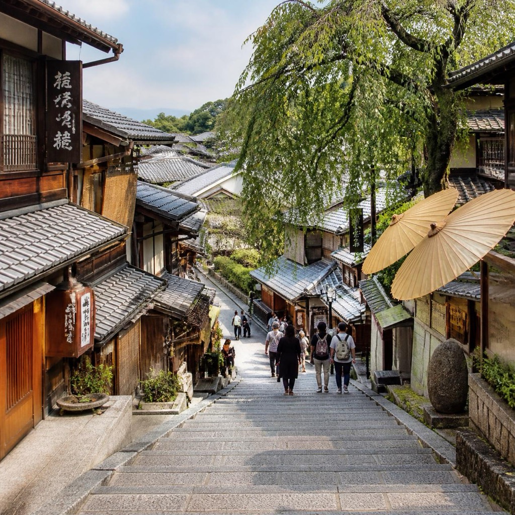 Sannenzaka stone steps under a weeping cherry tree with paper umbrellas and travelers in spring Kyoto