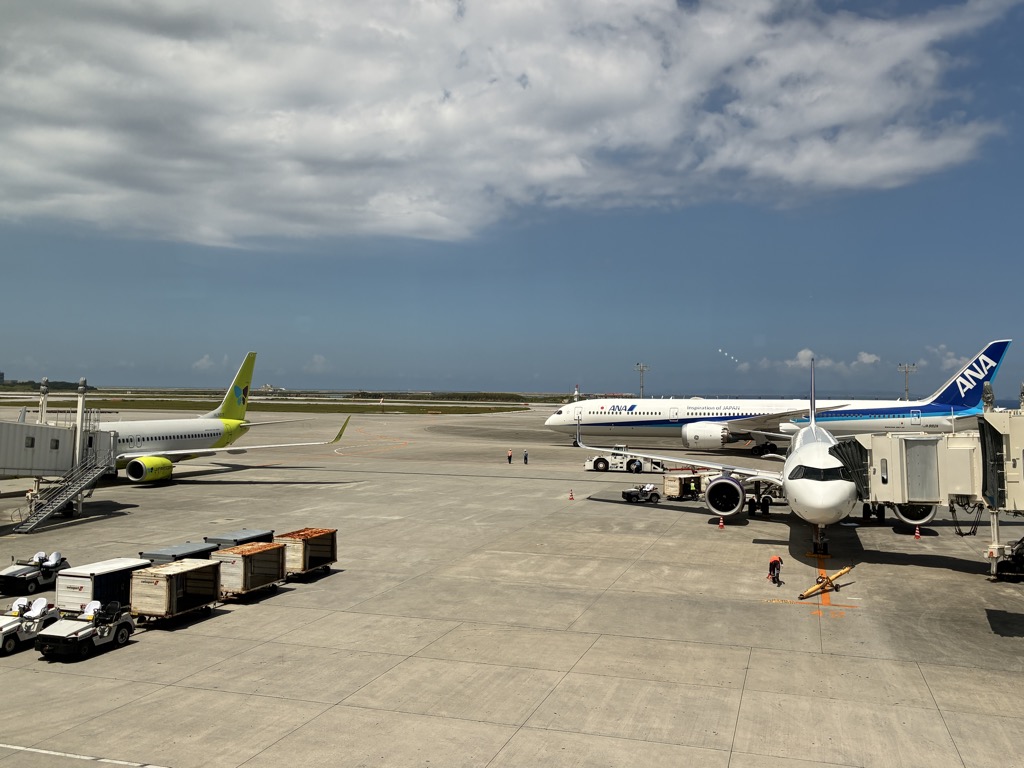 Miyako Airport tarmac with ANA and Solaseed Air aircraft during peak travel season