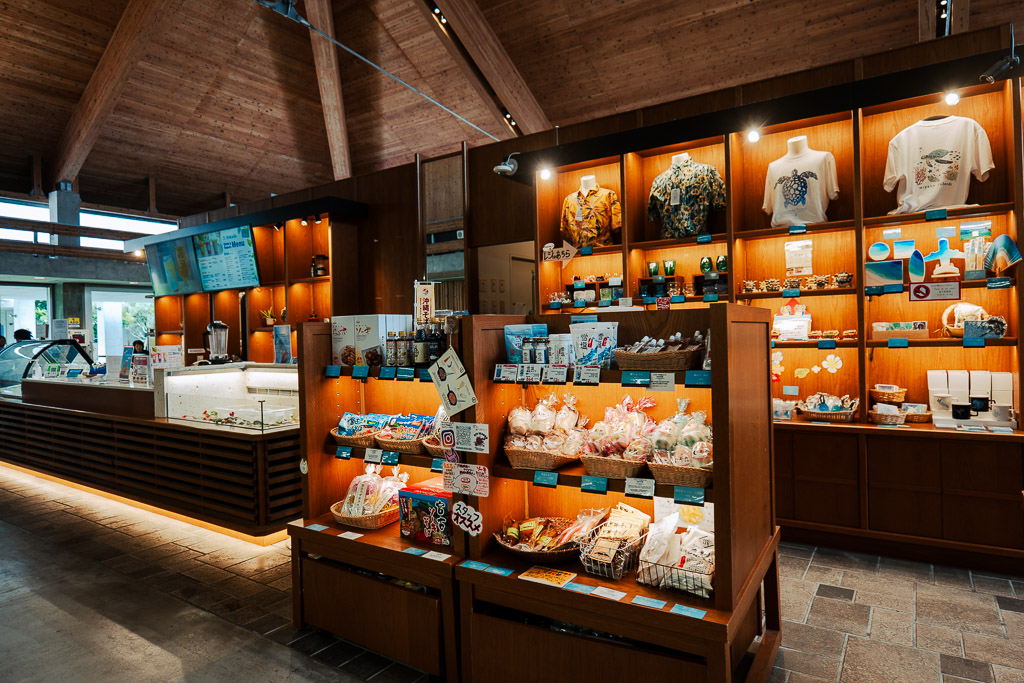 Shimojishima Airport shop with souvenirs and snacks in a warm interior